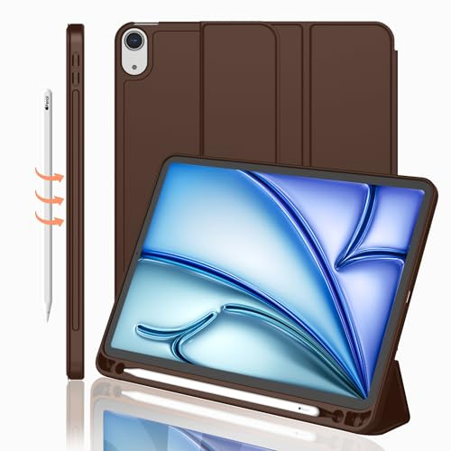 iMieet Étui pour iPad Air 11 M3 (2025) / M2 (2024), iPad Air 5e/4e génération 2022/2020 10,9 avec Porte-Crayon, Support à Trois Volets avec Dos en TPU Souple (Chocolat)