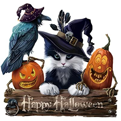 Halloween Horror Katze Krähe Wandaufkleber 3D Gebrochene Wand Horror Katze Dekorativer Wandaufkleber Schlafzimmer Wohnzimmer Hintergrund Selbstklebende PVC Dekorative Wand Beleuchteter Schattenkastenr