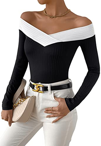 GORGLITTER Langarmshirt Damen Sexy V-Ausschnitt Schulterfreies Oberteil Rippenstrick Top Elegant Bluse Schwarz und Weiss S