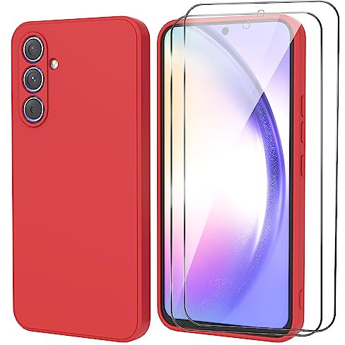 MIKULLE Cover in Silicone per Samsung Galaxy A54 5G con 2 Pellicola Vetro Temperato, Custodia Morbido Silicone Ultra Sottile Liquida TPU Antiurto AntiGraffio Case - Rosso