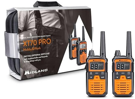 Midland - Walkie Talkie Profesional Largo Alcance XT70 PRO Doble Hobby & Work, 2 Radioaficionados Full Optional, Maletín y Accesorios - 101 Canales PMR446, Waterproof IPX4, 12Km, Autonomía 17H, VOX