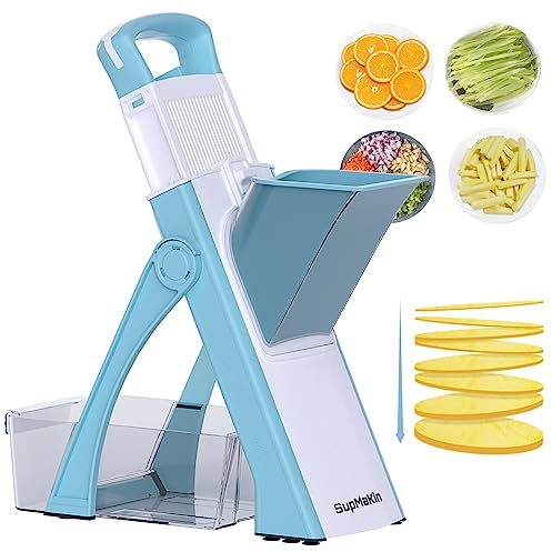 SupMaKin, Mandolina affettatrice Plus con ampia apertura, per cucina, per verdure, patate, spessore regolabile, taglio a julienne e a cubetti, per realizzare insalate (colore blu e bianco)