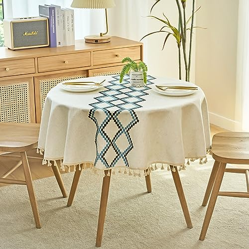 Stoff Tischtuch, Quaste Stickerei Tischdecke, waschbar faltenfrei staubdicht Tischdecke für Küche Essen Party Picknick Bankett Tischdekoration (140cm Rund)