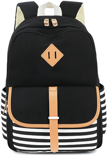 Leaper Sac à dos d'école en toile pour filles, sac pour ordinateur portable, sac de voyage, sac à dos, Rayures noires, Large-more layers, Sacs à dos