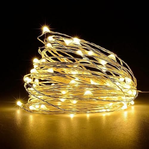 DERAYEE Led Stringa Luci,10M 100 LED Lucine Led Decorative a Batteria,Ghirlanda Luminosa Bianco Caldo per Natalizie Interni e Esterni Casa Feste Matrimonio