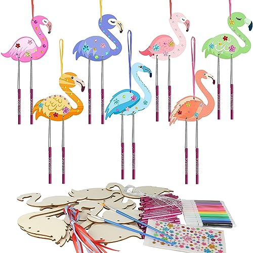 Windspiel Bastelset Kinder, 12 Flamingo geformt hölzerne Windspiele mit 12 bunten Aquarellstiften, DIY Malerei Windspiel Basteln, Kinder Handwerk Set für Geburtstag, Partys