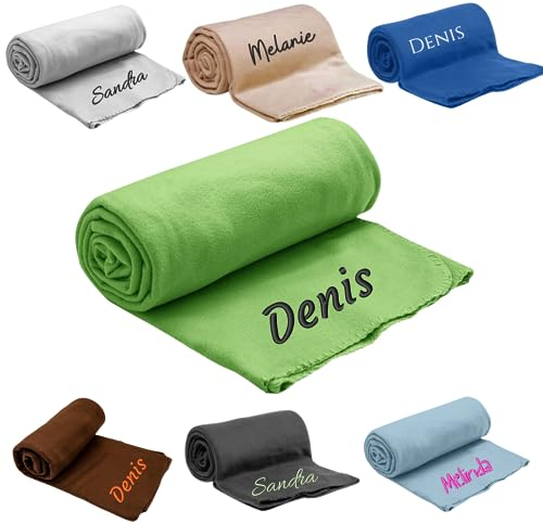 Pet-Jos Personalisierte Kuscheldecke Bestickt mit Namen oder Wunschtext Bestickt, Decke 200 cm x 150 cm, Wohndecke mit Stickerei, weiche und kuschelige Sofadecke (Grün)