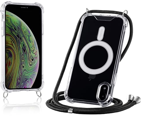 JProtect für iPhone XR Hülle mit Band und MagSafe – Magnetische Handykette für iPhone XR Magnet – Durchsichtige Umhängehülle Band Schwarz – Kette Handyhülle für MagSafe Zubehör