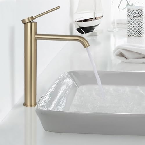 PHASAT Wasserhahn Bad Hoch Waschtischarmatur aus Edelstahl mit Auslauf Höhe Einhebel Waschbecken Armatur, Bürste Gold PTMP01LG