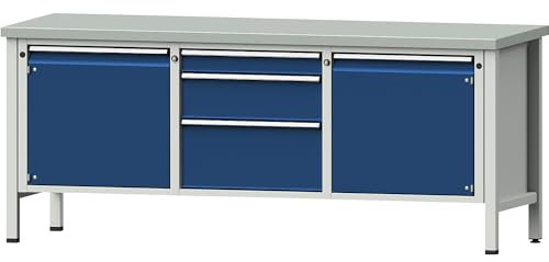 ANKE | Werkbank | Gestellbauweise Serie V | 2 Türen 540 mm | 3 Schubladen | Stahlblechbelag | Teilauszug
