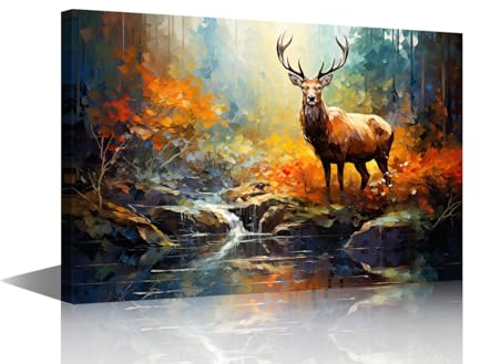 TISHIRON Leinwand-Wandkunst, Ölgemälde, abstrakter Hirsch mit großem Geweih, Posterdrucke, Leinwand, Wanddekoration, Heimdekoration, Idee für Kinderzimmer, Wohnzimmer, gerahmt, fertig zum Aufhängen,