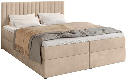 BROMARKT Boxspringbett mit Bettkasten Polsterbett mit Bonell-Matratze und Topper Doppelbett mit Stauraum Bett für Schlafzimmer gepolstertes Kopfteil Dream 180x200 Härtegrad H3 Samtstoff Beige