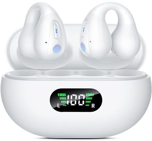 Open Ear Bone Conduction Headphones,Comfort-Clip On Wireless Earbuds Bluetooth 5.3, Sports Ear Buds with ENC Mic, 36 Hours HlFl Earpods with LED Display Charging Case,lPX7 Running Earphones, White