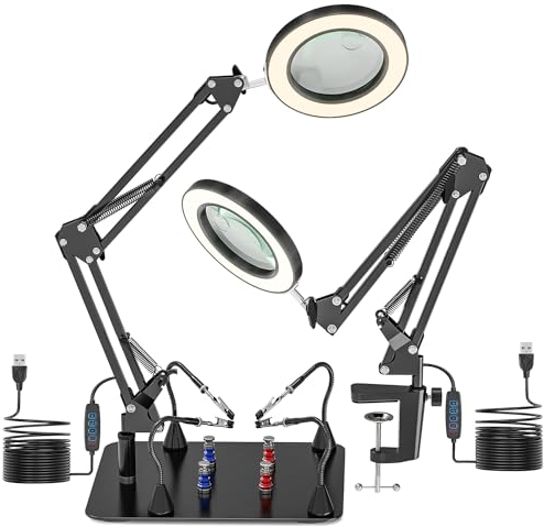 10X & 15X Lupe mit Licht und Ständer, Magnetische Löthilfe Helfende Hand mit Lupe & Licht, Dritte Hand Löten Lupe mit 3 Farbmodi Dimmbare, LED Lupenleuchte für Basteln, Löten, Reparatur