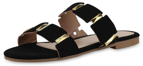 VAN HILL Damen Pantoletten Flach Nieten Trendy Schuhe 214569 Schwarz 40