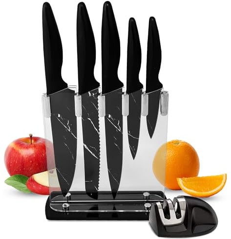Sharpze Kitchen Knife Set with Block and Sharpner | 7 Pieces Block Knife Set | Carbon Steel Chef Knives, Bread Knives, Slicing Knive, Utility & Paring Knives