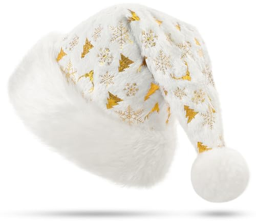 KONVINIT Weihnachtsmütze Erwachsene,Luxus Weihnachtsmann Mütze Nikolausmütze mit mit Mustern von Weihnachtsbäumen, Schneeflocken Santa Mütze Männer und Frauen,weiss