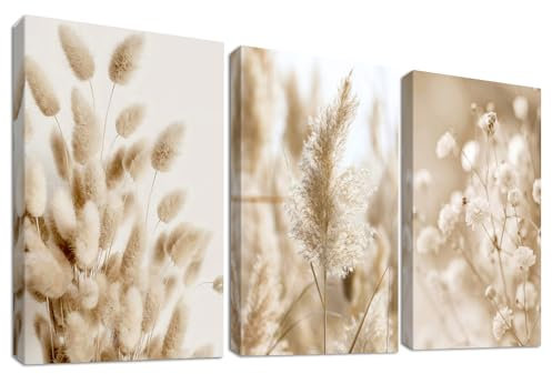 3 Pcs Botanische Wildblume Floral Mit Rahmen Leinwand Bilder Beige Pampasgras Salbei Floral Bild auf Leinwand Malerei Wandbilder Wanddeko Wohnzimmer Schlafzimmer Dekorationen 150x70cm (20x28x3pcs)