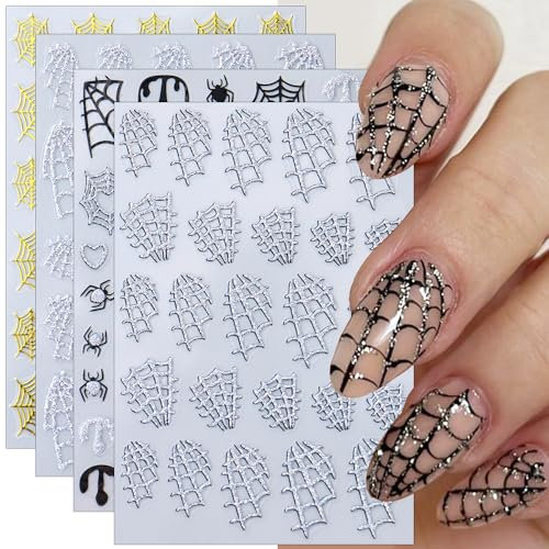 Halloween Nagelsticker Selbstklebend Gold Silber Spinnennetz Nail Sticker 3D Spinnen Herz Nagel Stickers Spider Web Nagelaufkleber Gothic Spiders Heart Nagel Sticker Nageldesign Nägel Zubehör Nail Art