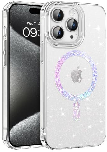 GaoBao Schutzhülle für iPhone 15 Pro, dünne magnetische Schutzhülle [kompatibel mit MagSafe] Stoßfeste Schutzhülle für Damen und Mädchen für iPhone 15 Pro 6,1 Zoll, Glitzer (Transparent)