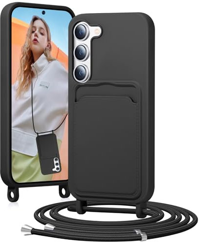 BENTIACC Coque de protection en silicone pour Samsung Galaxy S23 avec compartiment pour cartes, cordon amovible, résistant aux chocs - Noir