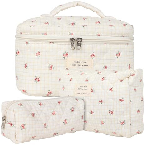 Lot de 3 Trousse de Toilette Femme Voyage en Coton, Floral Trousse de Maquillage, Pochette de Rangement Makeup Bag Grand Capacité, Trousse de Beauté Trousse Matelassée Cosmétique pour Femme Fille