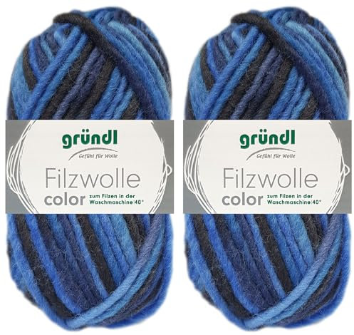2x50 Gramm Gründl Filzwolle Color aus 100% reiner Schurwolle inkl. Anleitung für Topflappen (23 Blau Anthrazit Multicolor)