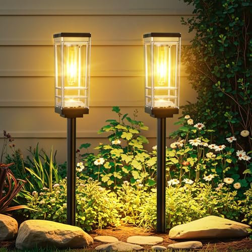 BUCASA Solarlampen für Außen Garten 2 Stück, Größer, Heller Solarleuchten für Außen mit Warmweiß Wolfram, Wasserdicht Solarleuchten Garten Deko für Rasen, Terrasse, Hof, Geschenke für Frauen, Männer