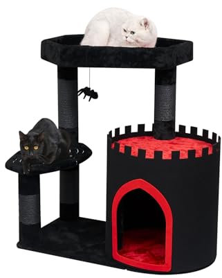 YARUOMY Gothic Cat Tree Castle, Black Cat Tower with Coffin Bed, Spacious Condo, Kraft Twine Scratching Posts, Spider Hanging Ball,Goth Pet Furniture,Halloween (Medium)
