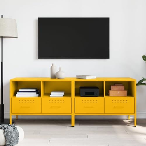 Natulvd 2 Set TV Unit Cabinet Stand, for 50 55 60 Inch TVs, Steel Sideboard Entertainment for Living Room with 4 Drawers and Open Shelves (Yellow)