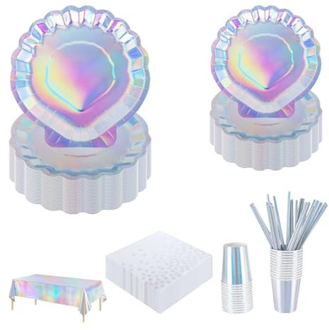 CEILIWEN 126PCS Silver Seashell Party Tableware Set for 25 Guests – 9'' & 7'' Paper Plate, Cup, Napkin, Straw, Tablecloth – Iridescent Birthday/Baby Shower/Mermaid Party/Under The Sea Celebration
