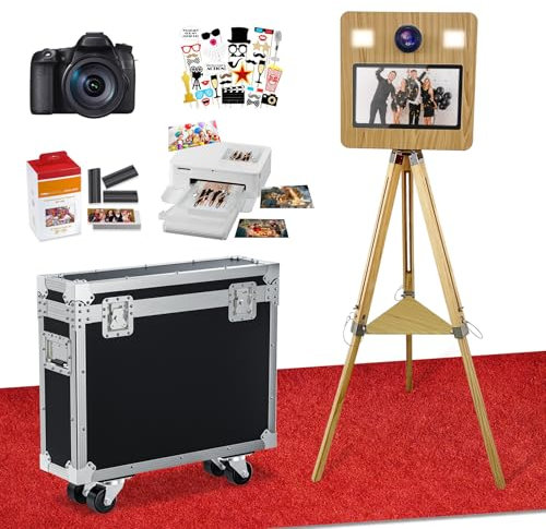 DSLR Photo Booth Maschine mit Kamera und Drucker, tragbarer Photo Booth mit 15.6“ Touchscreen, Vintage Photo Booth Maschine mit 2 Fill Lights für Events Parties Hochzeit Verleih (15.6+Kamera+Drucker)