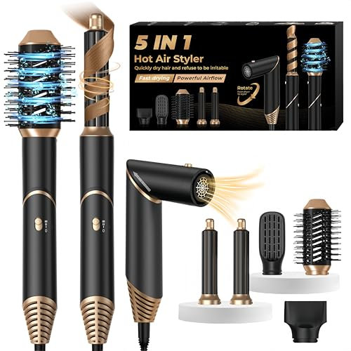 Air Styler 5 en 1 Air Brush Brosse Chauffante Brushing Sèche-Cheveux Ionique 5 en 1 Brosse Soufflante Airstyler Boucleur a Cheveux à Air Brosse à Lissante Ensemble Airbrush Coiffure Femmes, Noir/Or