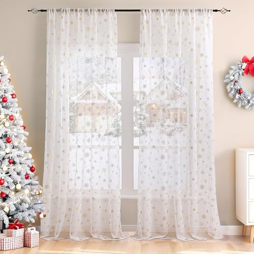 Wokuaile Weiß Weihnachts Vorhang Kräuselband Weihnachtsgardine Transparent | 2er Set Wohnzimmer Gardinen mit Goldernem Muster Voile Vorhänge H220 x B140 cm