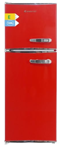 magictec Frigorifero retrò con congelatore, 120 l (88 l/32 l), basso gelo, combinazione di congelatore, design vintage, illuminazione a LED, rosso, porta con apertura a sinistra