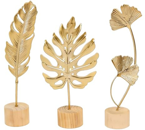 Yzalen 3er Set Gold Moderne Blattskulptur, Aufsteller Blumen Metall, Aufsteller Silhouette Dekorative, Innen Holzdeko Hinstellendeko für Fensterbank, Küche oder Wohnzimmer (A)