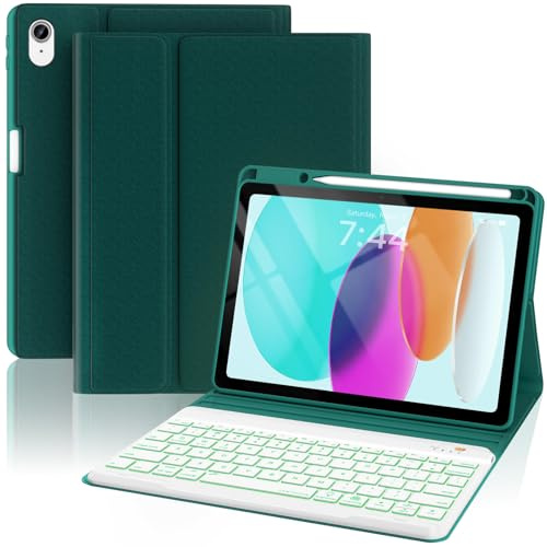 OYEEICE Hülle mit Tastatur für iPad A16 11 Generation 2025 | 10 Gen 2022 11/10.9 Zoll, Vergrößerte Anti-Falloff Tastenkappen, 7 Farben Hintergrundbeleuchtung (Blaugrün, Klassischer Stil)