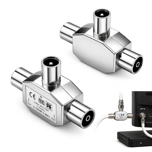 2PCS TV Aerial Splitter 2 Way, 2 Way 1 Male to 2 Female TV Aerial Coax Splitter, T/F Type Adapter Connector Socket, Durable Metal Coax Splitters for Signal Sharing for Connecting Television Connection