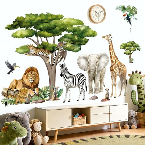Peelora Large Jungle Animals Tree Wall Stickers Safari Giraffe Elephant Lion Zebra Wall Decals Kids Room Baby Nursery Bedroom Home Decor Stickers (XXL)