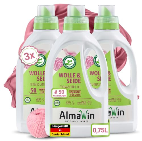 AlmaWin® Waschmittel Wolle & Seide [3x 750ml - 150 Ladungen] mit Lavendel-Duft für schonende Reinigung von Naturfasern - Seide- & Wollwaschmittel anwendbar von 20-40°C - Bio Feinwaschmittel flüssig