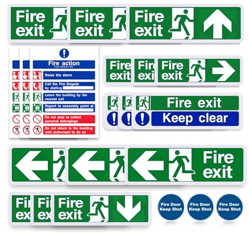 21PCS Premium Fire Exit Sign Kit Self Adhesive Vinyl Emergency Exit Signs Set with Left Right Up Down Arrows, Fire Action Notice, Keep Clear & Fire Door Keep Shut EN ISO 7010 Compliant