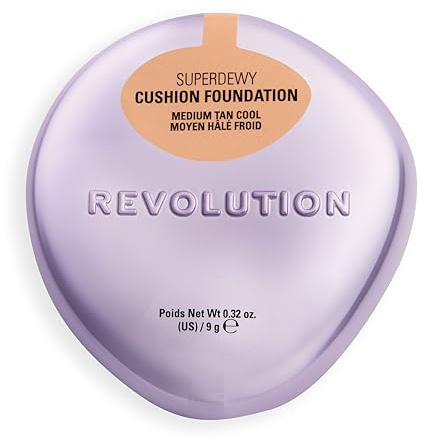 Revolution Superdewy Cushion Foundation, Mittel Gebräunt Kühl | Aufbaubare Deckkraft, Feuchtigkeitsspendend für Reife Haut, Strahlendes Finish mit Peptiden, Vegan & Tierversuchsfrei, 9g