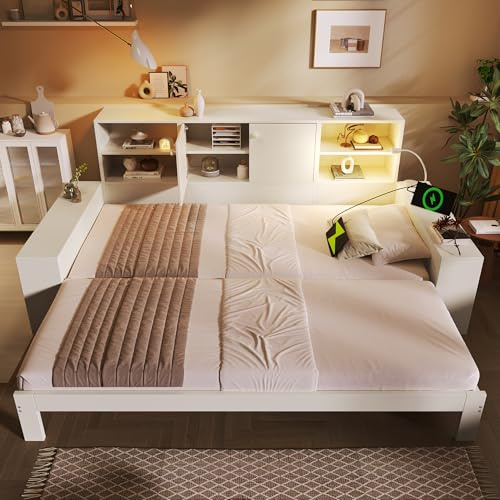 TOBIDOEN Tagesbett 90x200 cm mit Ausziehbarem Gästebett, Holzrahmen mit Höhenverstellbaren Regalböden, Praktischem Seitendesign, Platzsparend für Wohnzimmer & Gästezimmer - Weiß (A)