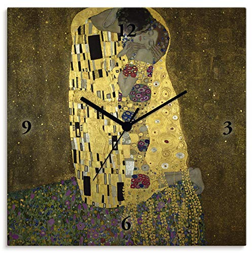 ARTLAND Wanduhr ohne Tickgeräusche Alu Quarzuhr 30x30 cm Quadratisch Lautlos Gustav Klimt Der Kuss Originell Ausgefallen T9LL