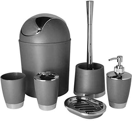 Bathlux Modern Design 6 Piece Bathroom Accessory Set, Toilet Brush, Waste Bin, Soap Dish, Tooth Brush Holder Soap Dispenser, Rinse Cup (Grey)