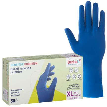 Bericah,Sensi Top High Risk, Guanti in Lattice, Senza Polvere, Taglia XL,50 Pezzi