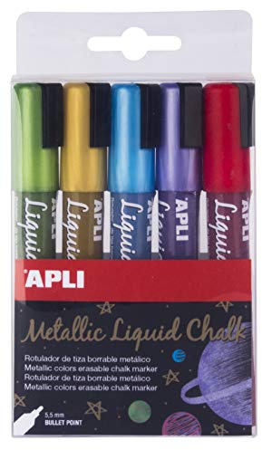 Apli, Packung mit 5 löschbaren Kreidestiften, 5,5 mm, Liquid Chalk Rundspitze, mehrfarbig (Gelb/Blau/Lila/Rot/Grün)