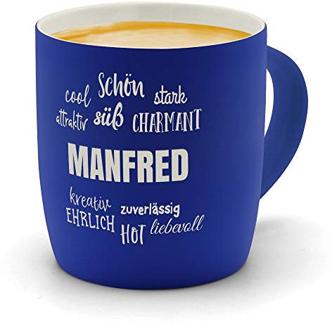 printplanet - Kaffeebecher mit Namen Manfred graviert - SoftTouch Tasse mit Gravur Design Positive Eigenschaften - Matt-gummierte Oberfläche - Farbe Blau