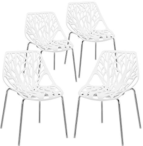 Bonnlo Modern Stackable Chair Set of 4,Kitchen White Dining Chairs,Birch Sapling Comfy Chairs for Dining Room,Living Room,Waiting Room (White)