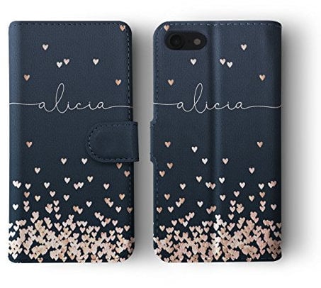 Tirita Personalised Wallet Phone Case for iPhone XS Max With Card Holder – Leather Flip Case or Cover With Custom Name – Cute Personalised Gift for Women [06. Rose Gold Hearts]
